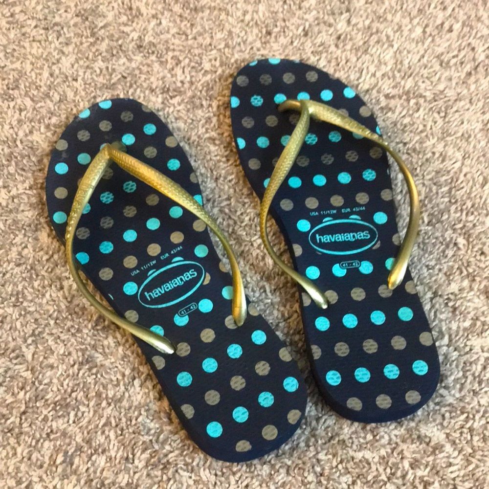 Womens Sz 11/12 Havaianas Slippers Flip Flops Blue Gold Polka Dots Patterned